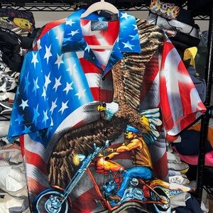 Y2K Vintage American Biker Aop Button Up Shirt Size Large